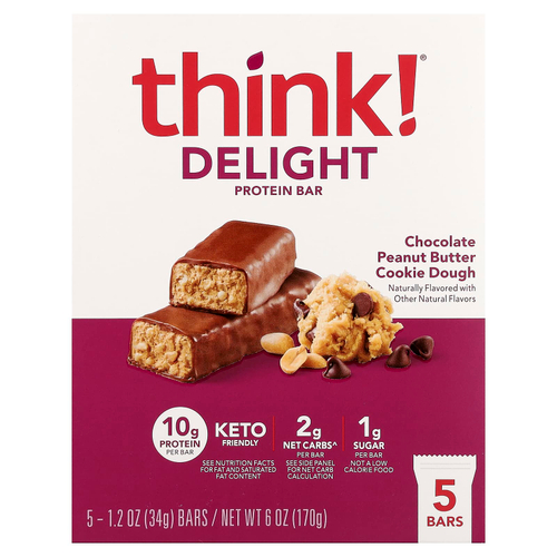 Think !, Delight протеиновый батончик, печенье с шоколадом и арахисовой пастой, 5 шт. по 34 г (1,2 унции)