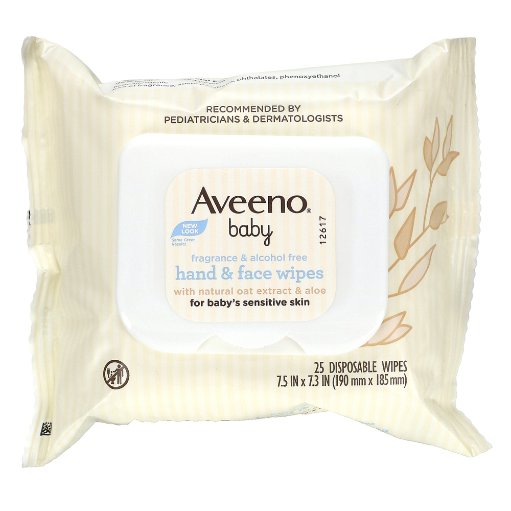 Aveeno, Салфетки для рук и лица для малышей, 25 одноразовых салфеток