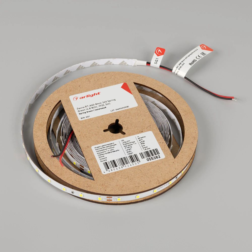 Светодиодная лента RT-A60-8mm 24V Spring Green (4.8 W/m, IP20, 5m) (Arlight, -) 055382