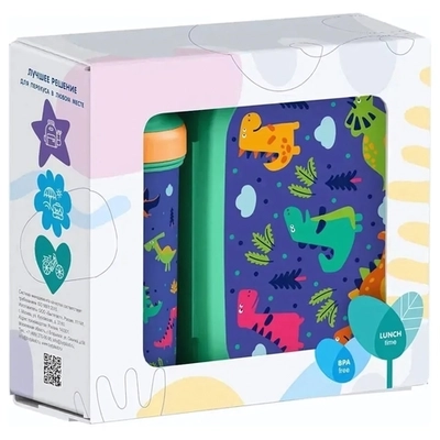 НАБОР: ЛАНЧ-БОКС 0,98Л и БУТЫЛКА ДЛЯ ВОДЫ С ПЕТЛЕЙ 0,4Л С ДЕКОРОМ (Зеленый)