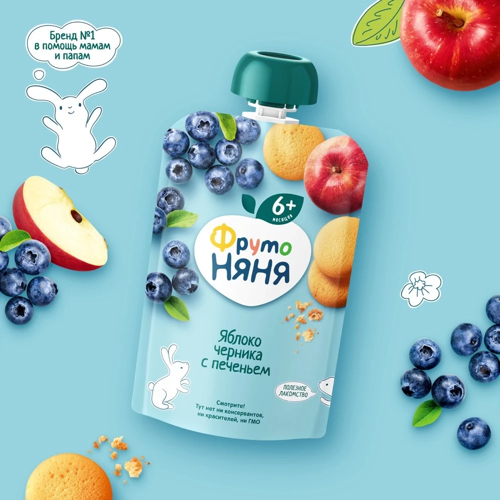 Фрутоняня пауч пюре из яблок, черники с печеньем 90г с 6 месяцев
