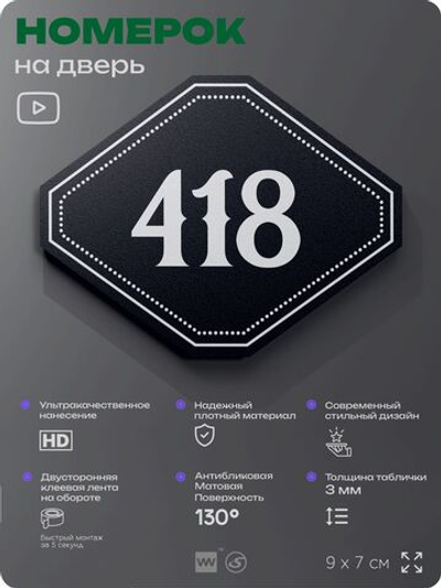 Номерок на дверь квартиры 418, для кабинета, офиса, шильдик 9 х 7 см, черный, Айдентика Технолоджи