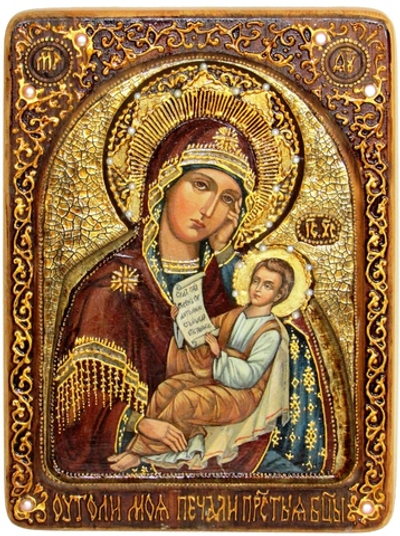 Инкрустированная живописная икона Образ Божией Матери Утоли моя печали 29х21см на натуральном кипарисе в подарочной коробке