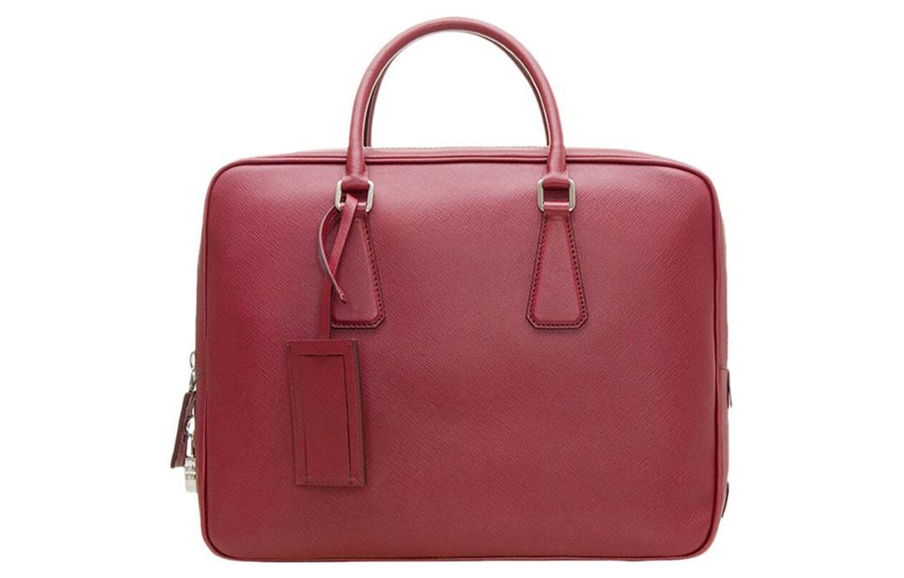 PRADA Saffiano Cow Leather Portable Briefcase Men"s Red