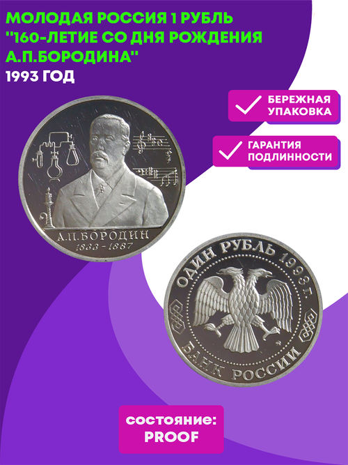 (Proof) 1 рубль 1993 ММД 160-летие со дня рождения А.П.Бородина