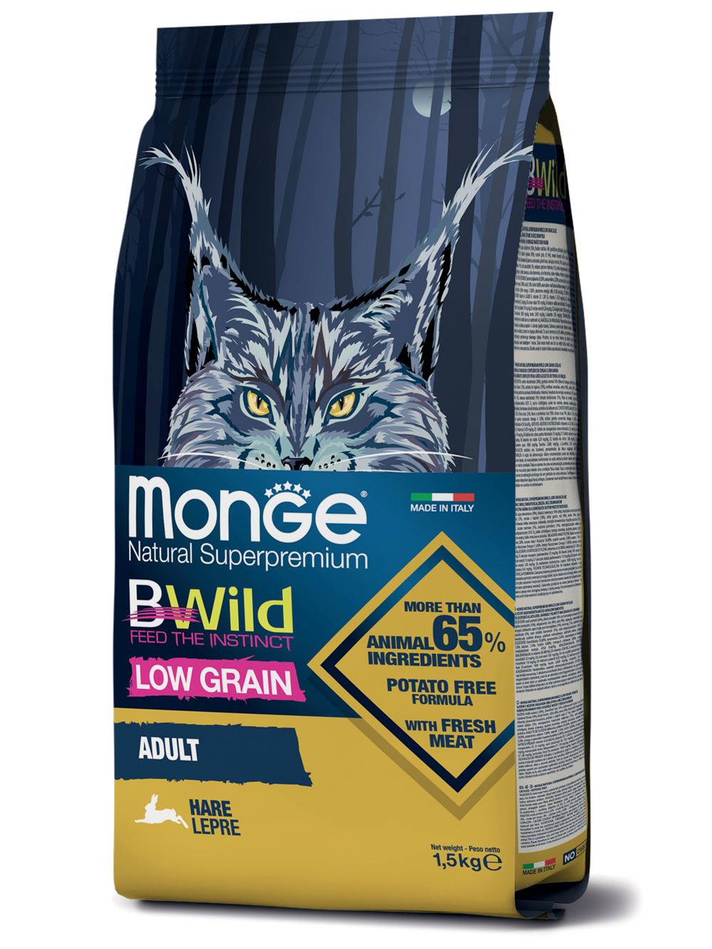 Сухой корм Monge Cat BWild LOW Hare для взрослых кошек, низкозерновой из мяса зайца 1,5 кг