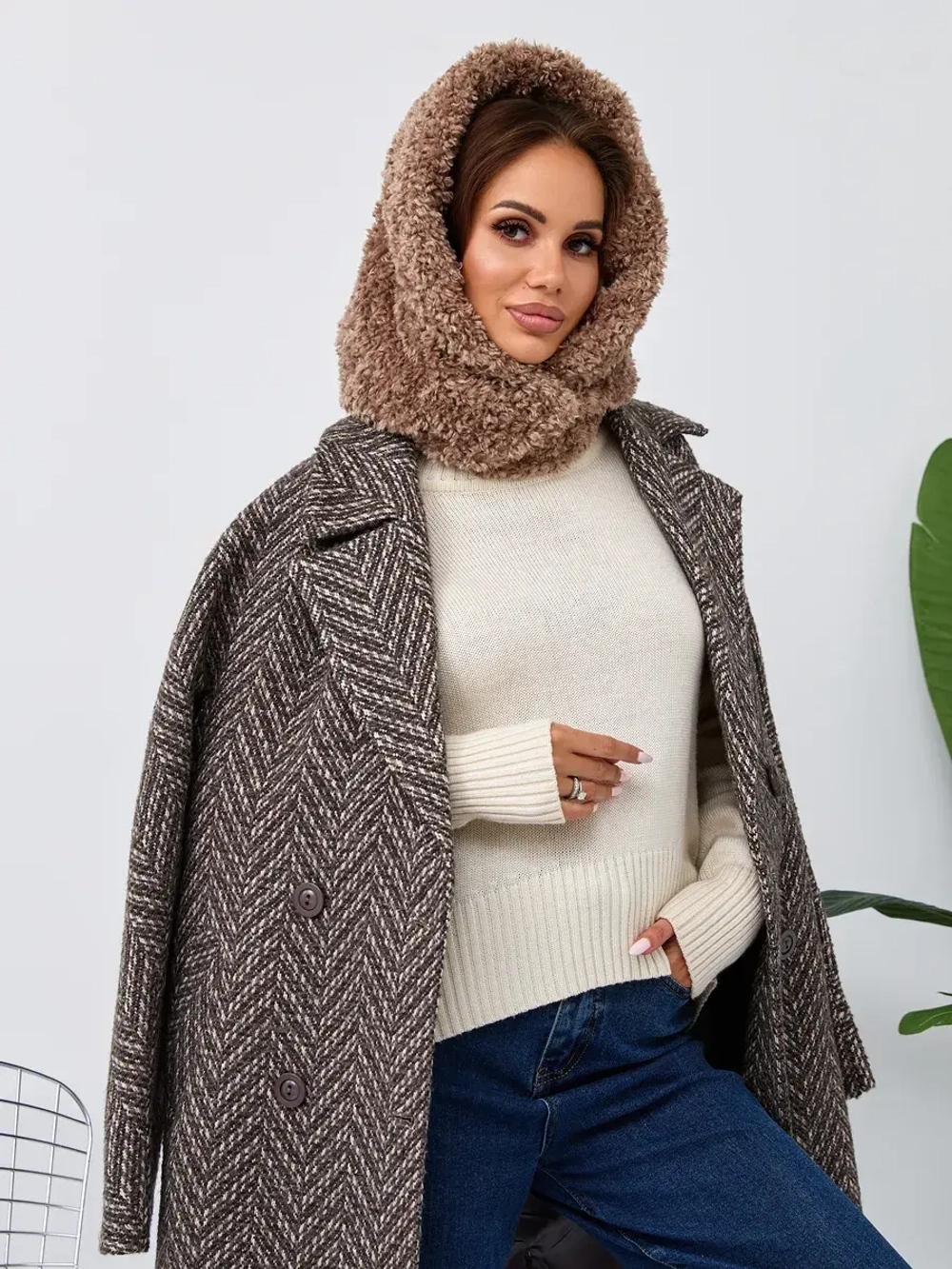 Капор зимний вязаный капюшон на флисе