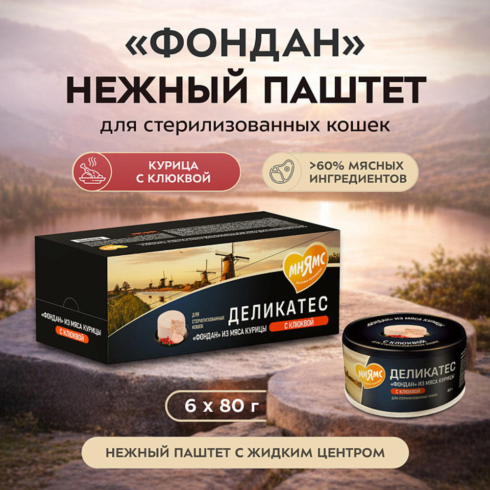 Влажный корм для стерилизованных кошек Деликатес Фондан из мяса курицы с клюквой Мнямс 80 г 6 шт