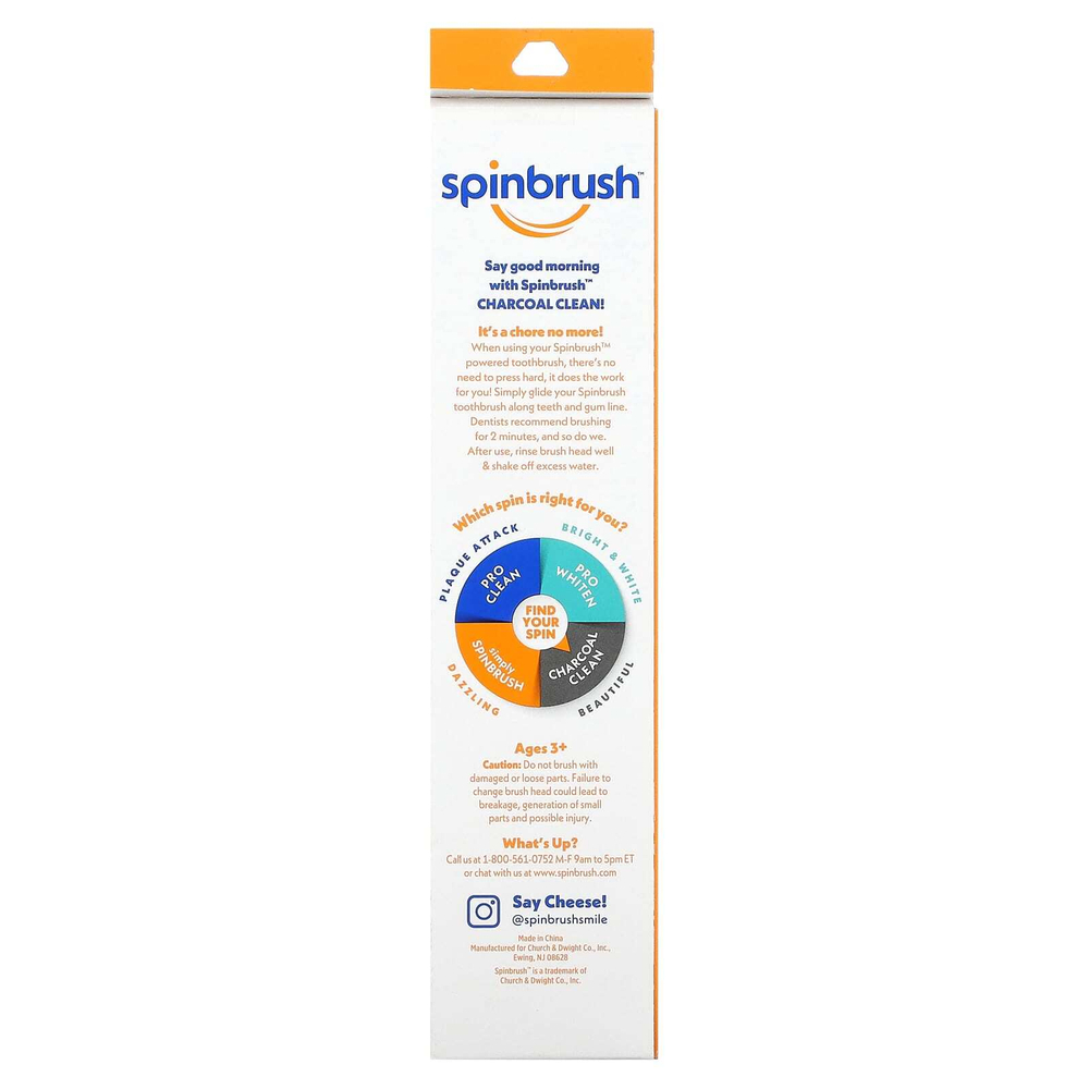 Spinbrush, Charcoal Clean, зубная щетка с электроприводом, мягкая, 1 зубная щетка