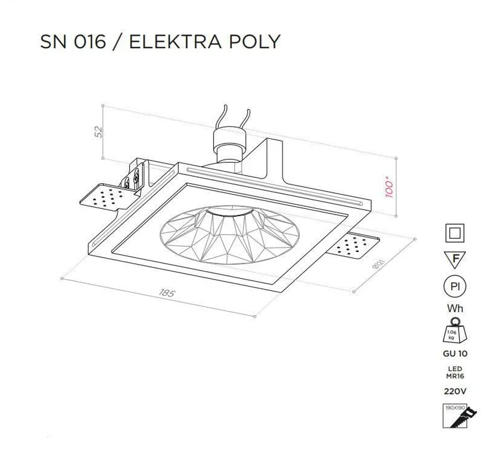 Светильник гипсовый встраиваемый Stellanova ELEKTRA POLY sn016 140х140х50мм со светодиодной лампой MR16 GU10 7W 2800K Ra>80