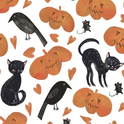 Котики, тыквы и хэллоуин. Яркий детский принт