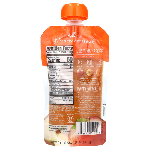 Happy Family Organics, Happy Baby®, органическое детское питание, для детей от 6 месяцев, яблоки, тыква и морковь, 113 г (4 унции)