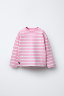 ZARA ЛОНГСЛИВ ИЗ ПЛОТНОГО ТРИКОТАЖА В ПОЛОСКУ С ВЫШИВКОЙ, РОЗОВЫЙ