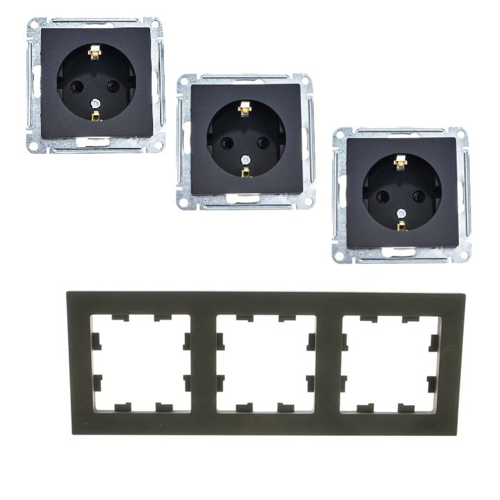 ATLASDESIGN РОЗЕТКА с заземлением со шторками, 16А, механизм, КАРБОН+рамка 3