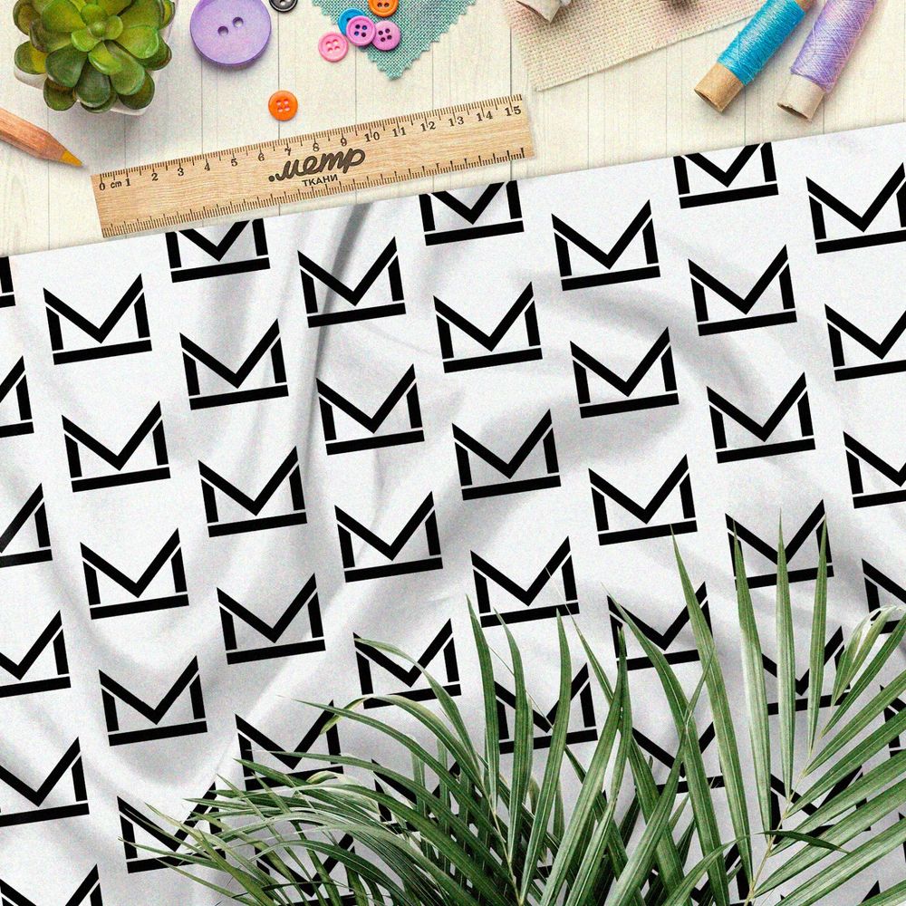 Ткань муслин стильный чёрный узор на бежевом фоне