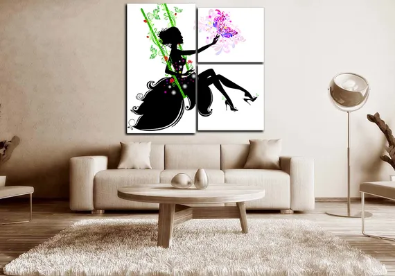 Модульная картина "Силуэт девушки на качелях"