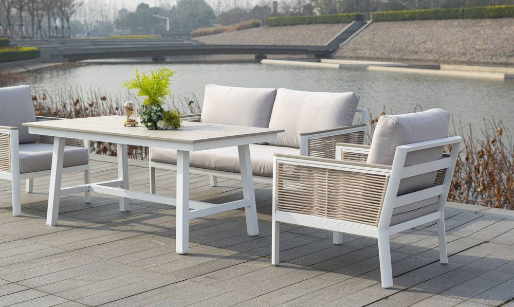 "Сан Ремо" кресло плетеное из роупа садовое, каркас алюминий белый, роуп бежевый, ткань бежевая