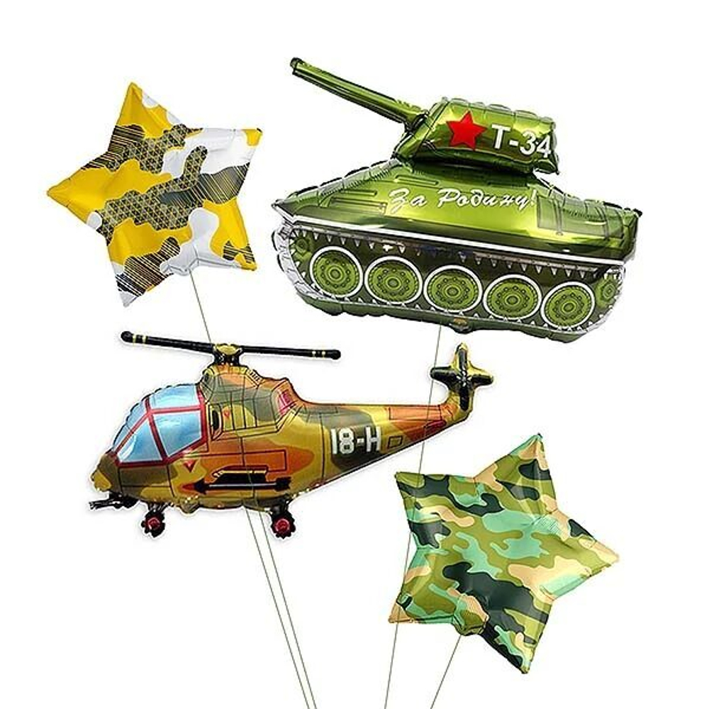 Композиция из воздушных шаров танк и вертолет