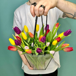 Охапка тюльпанов в прозрачной сумке 💐