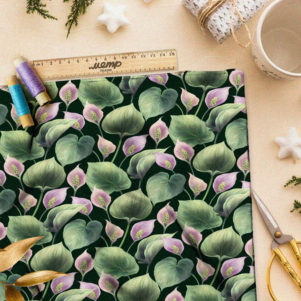 Ткань таффета мягкие розовые кувшинки на тёмно-зелёном фоне