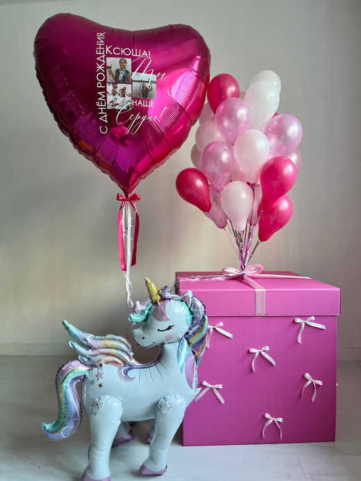 Воздушные шары коробка сюрприз единорог фуксия/розовый/белый/малиновый №3405