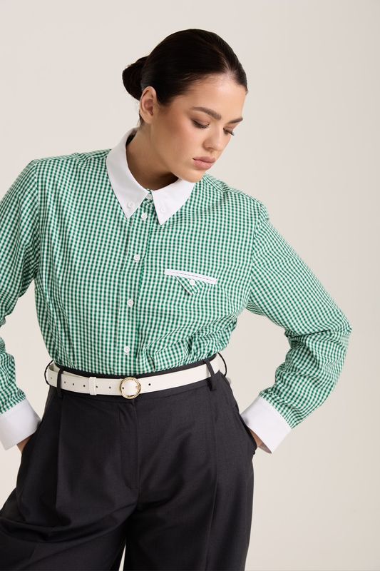 Рубашка в клетку с белым воротником, зеленый