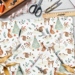 Ткань футер 2-х нитка зверьки возле ёлки