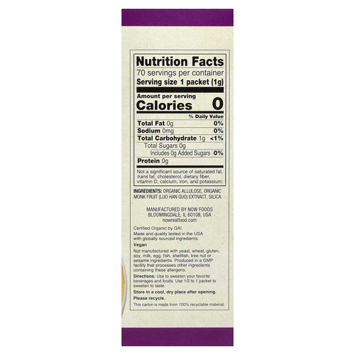 NOW Foods, органический архат, подсластитель с нулевым содержанием калорий, 70 пакетиков по 1 г (0,035 унции)