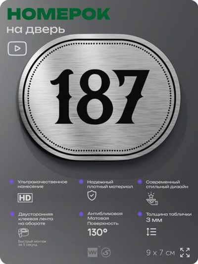 Номерок на дверь квартиры 187, для кабинета, офиса, шильдик 9 х 7 см, серебристый, Айдентика Технолоджи