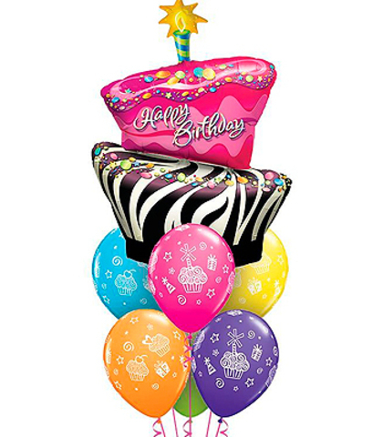 Букет из 7 шаров - С днем рождения "Торт полосатый"