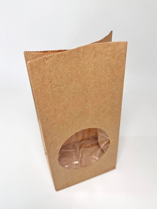 Крафт пакет с окном круг, 120 х 80 х 250 мм, 2 сл., с ламинацией