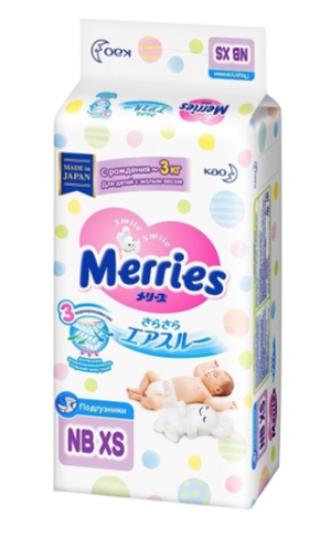 MERRIES Подгузники для детей с малым весом размер NB XS до 3 кг, 38 шт