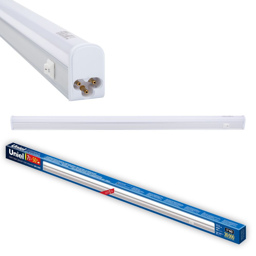 ULI-L02-7W-4200K-SL Линейный светильник LED аналог Т5. 580Lm. 4200K. выключатель на корпусе.Цвет корпуса серебристый.