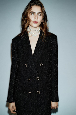 ZARA ДВУБОРТНЫЙ БЛЕЙЗЕР С МЕТАЛЛИЗИРОВАННОЙ НИТЬЮ, ЧЕРНЫЙ