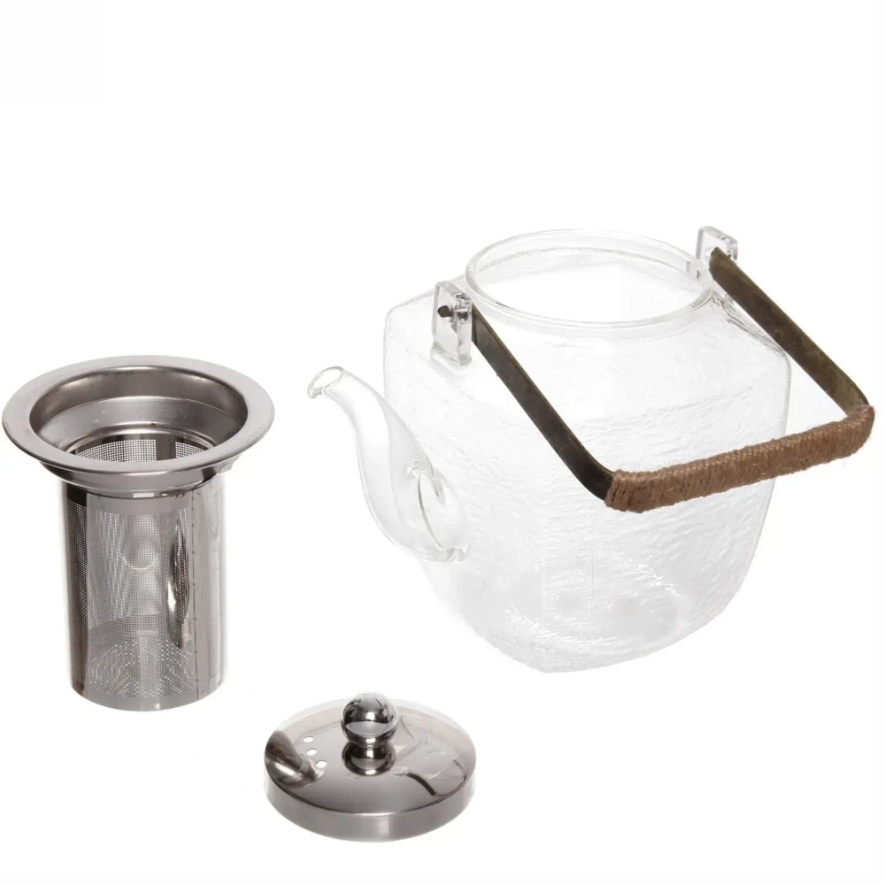 Чайник заварочный стеклянный 1000мл «ICE» с металлическим ситом, плетеная ручка, квадрат