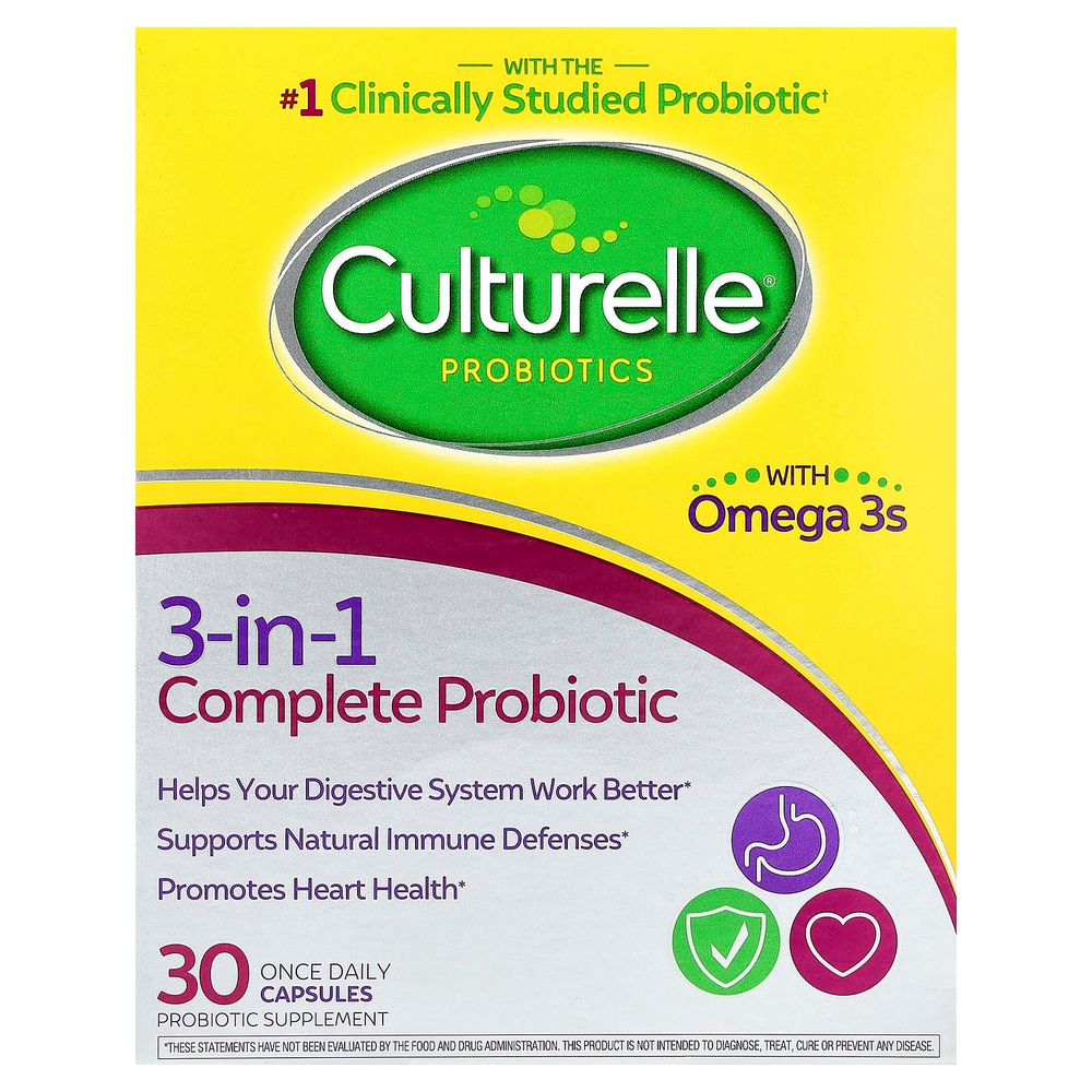 Culturelle, Пробиотики, полный пробиотик 3 в 1 с омега-3, 30 капсул для приема один раз в день
