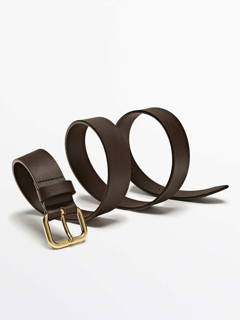 Massimo Dutti Ремень из кожи наппа с золотистой пряжкой, коричневый