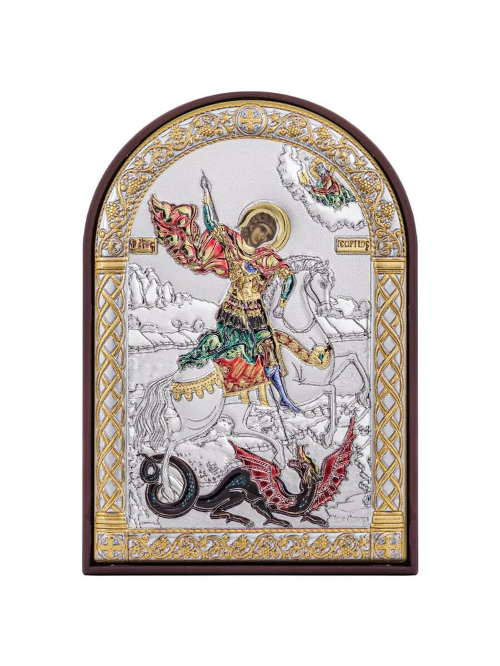 Георгий Победоносец, икона арочная, пластик коричневый, эмаль 62x88