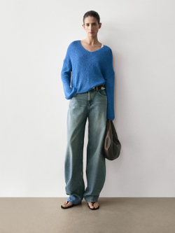 Massimo Dutti Свитер из смесового хлопка с V-образным вырезом, синий