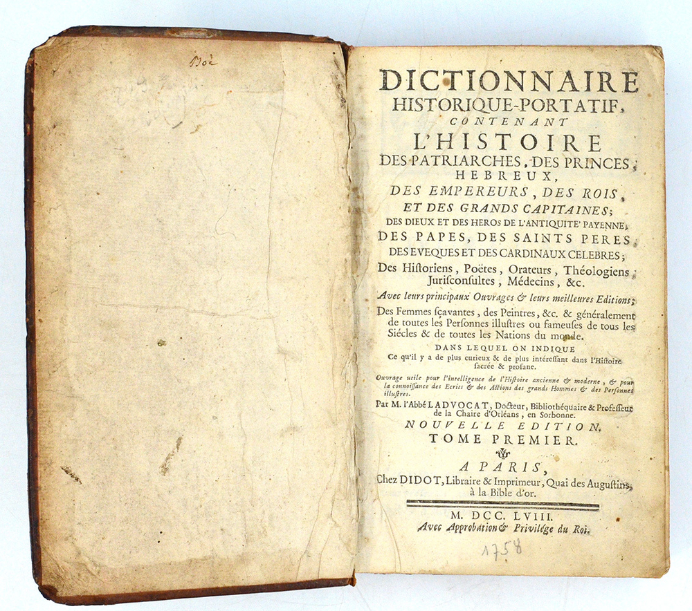 Ладвокат Ж. Б. Историко-Портативный Словарь. В 2 т. Т. 1-2. Париж, 1758. На французском языке.