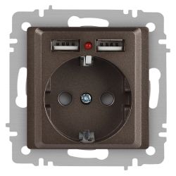 Розетка Intro Accent 6-410-08 с заземлением 2P+E Schuko со шторками 16А-250В + 2хUSB IP20 СУ бронза
