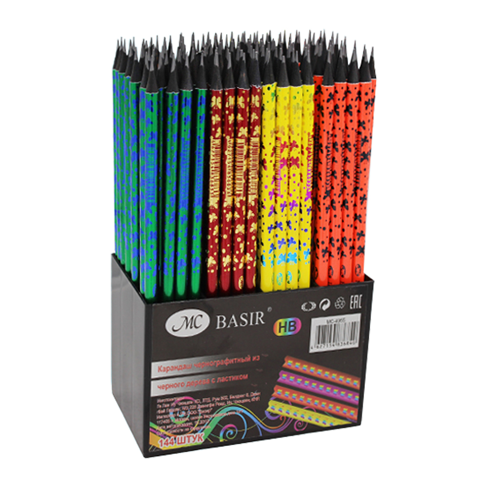 Карандаш простой, чернографитный, Basir, деревянный, с ластиком, цветной корпус, 144 шт