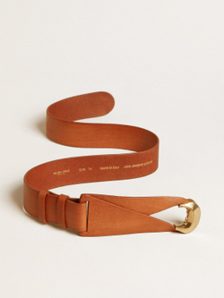 Women's brown leather belt with semi-circular gold buckle