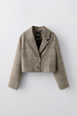 ZARA УКОРОЧЕННЫЙ БЛЕЙЗЕР В КЛЕТКУ, РЫЖЕВАТО-КОРИЧНЕВЫЙ