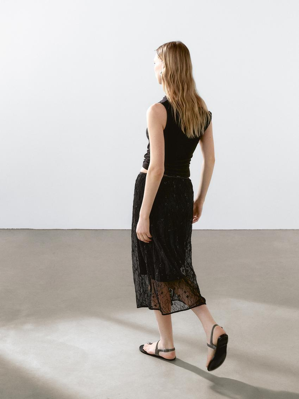 Massimo Dutti Юбка миди из полупрозрачной ткани со стразами, черный