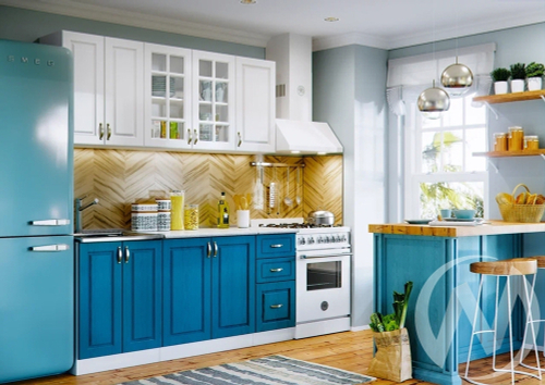 Кухня Констанция 1;8м (белый/белый матовый; джинс/антарес) Компоновка №3