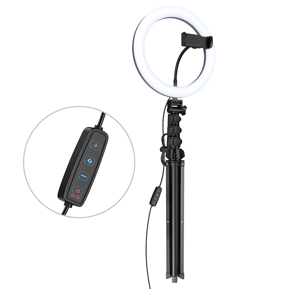 Кольцевая светодиодная лампа напольная Hoco LV02 Aesthetic Light stream holder на штативе с держателями на 3-и смартфона Черный