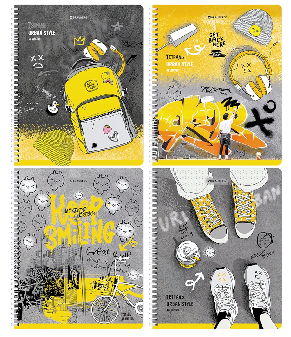 Тетрадь А5 48л. клетка "Urban Style" гребень, обложка картон, 4 вида (BRAUBERG)