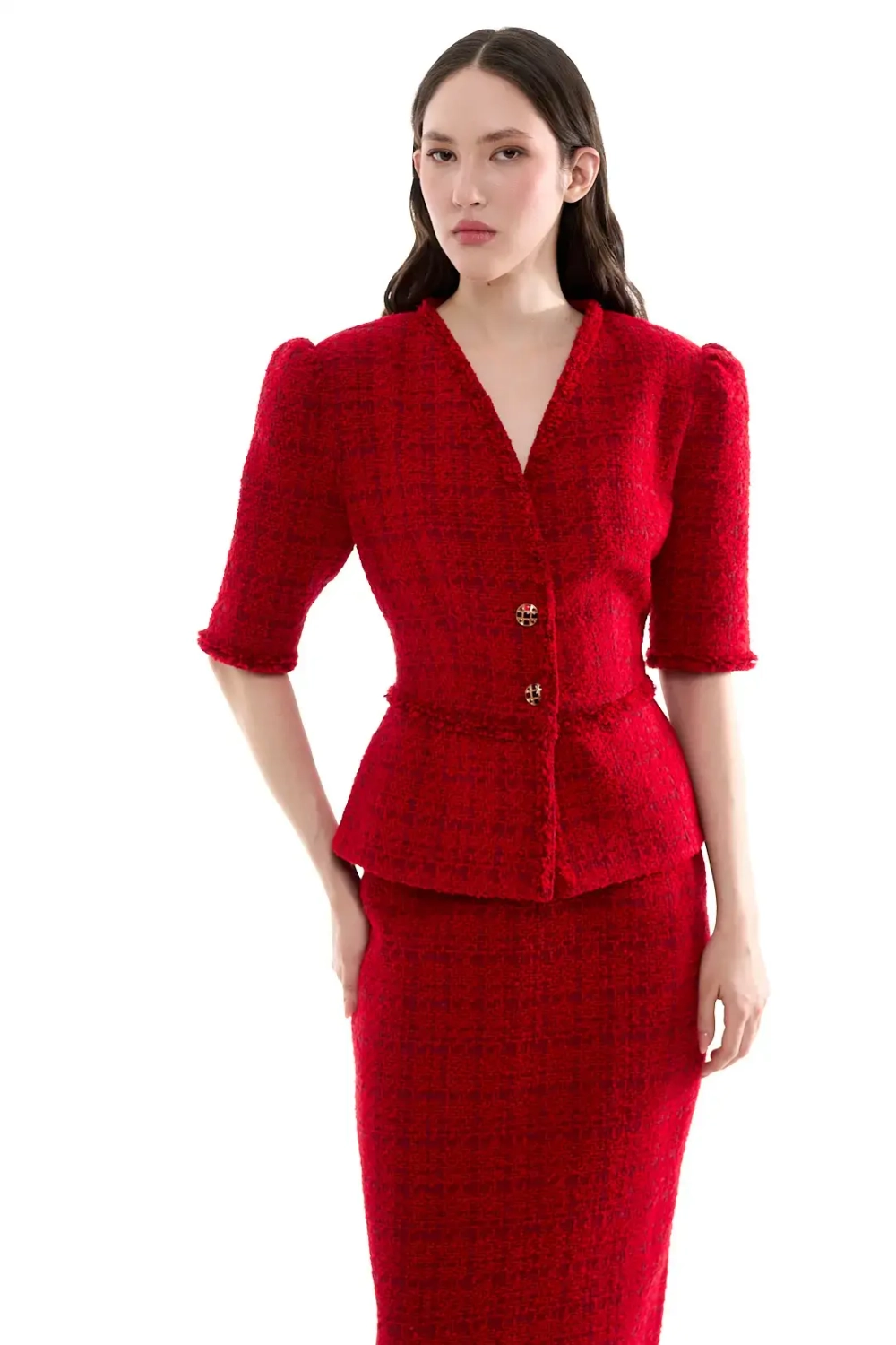 Жакет с объемными плечами и баской красный