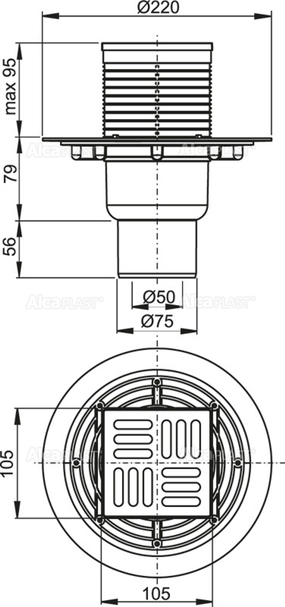 Сливной трап AlcaPlast APV2321 105 x 105/50/75